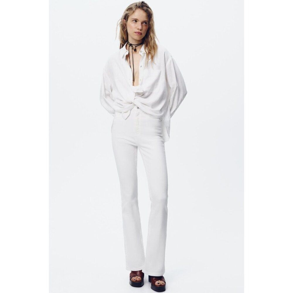 Zara Womens Jeans EU 42 US 10 Flare Leg White High-Rise Stretch 7223/025 NWD